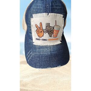 PAIGE Navy Denim & Tan Mesh Trucker Hat with Peace Texas Patch